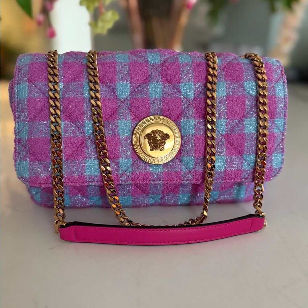Versace La Medusa Gold Logo Medallion Boucle Tweed Quilted Flap Shoulder Bag NWT - Picture 14 of 16